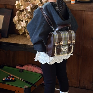 Kids plaid backpack with lace trim and cute bows in a vintage Japanese style