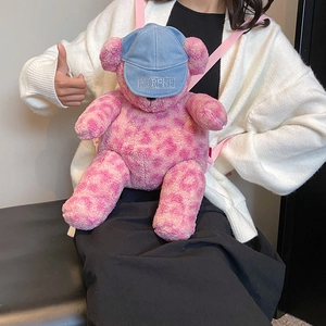 Zaino a orsetto di peluche leopardato rosa con cappello di jeans per donne