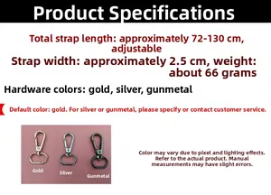 Adjustable 2.5cm width strap showing lengths from 72 to 130cm and hardware metal hook options