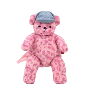 Zaino di peluche a forma di orsetto leopardato rosa con cappello in denim chic