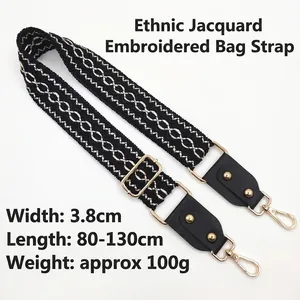 Adjustable 3.8cm ethnic embroidery bag strap with silver geometric pattern and gold hardware