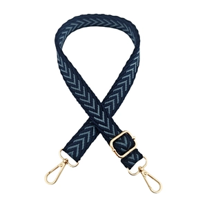 Adjustable 2.5cm jacquard shoulder strap with navy herringbone pattern and gold metal hooks