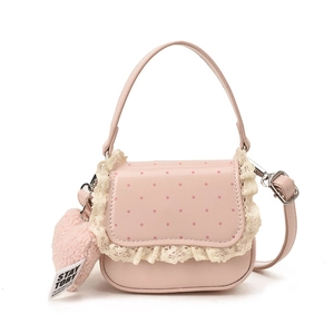 Sac à main rose pour fille avec pois bordure dentelle et pendentif cœur en peluche