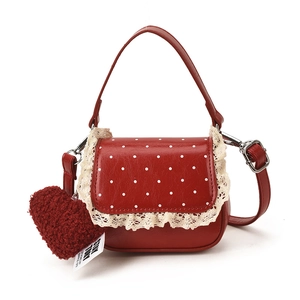 Petit sac à main rouge pour femme avec pois blancs et bordure en dentelle élégante