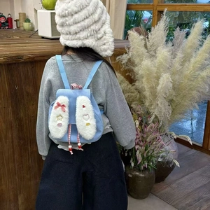 Cute light blue corduroy kids backpack with plush rabbit ears for toddlers school use