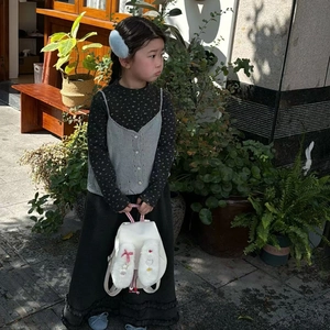 Cute kids backpack with plush rabbit ears and red bow for toddlers outdoor travel