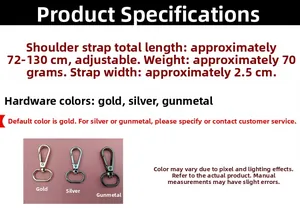 Adjustable 2.5cm bag strap with gold, silver, and gunmetal swivel hooks and length details