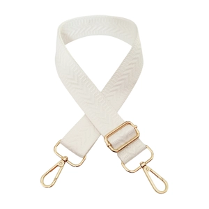 Detailed view of white herringbone woven bag strap with polished gold metal hardware