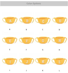Detail view of 12 bright yellow kids waist bags featuring white sequin letter embroidery