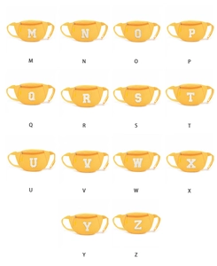 Detailed grid of bright yellow nylon fanny packs featuring white embroidered letters