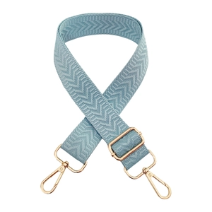 Detail of light blue woven strap with gold metal lobster clasps and herringbone texture