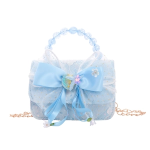 Sky blue lace children purse with bow, shell ornaments and bead handle chain strap