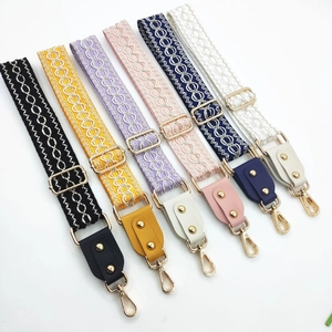 Adjustable Wide Shoulder Bag Strap Replacement Jacquard Embroidery Ethnic Geometric Pattern PU Leather End Metal Buckle Crossbody Purse