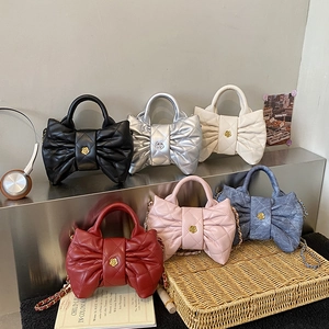 Girls Bow Shaped Crossbody Bag PU Leather Denim Quilted Diamond Pattern Chain Strap Cute Fashion Accessory
