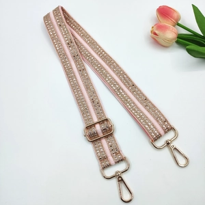 Pink ethnic style adjustable bag strap with shiny sequins and golden metal hooks