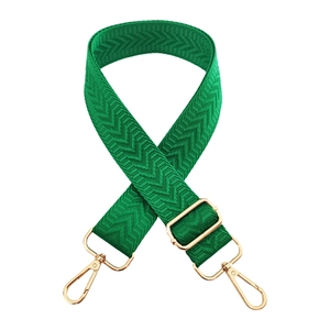 Detail of green herringbone woven bag strap with golden swivel lobster clasps