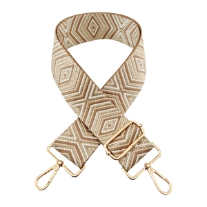 Adjustable 5cm jacquard bag strap with gold geometric patterns and metal hooks