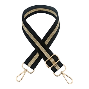 Adjustable black leopard strap with gold metallic stripe and swivel metal hooks