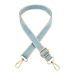 Adjustable light blue geometric maze pattern shoulder strap with gold metal hardware