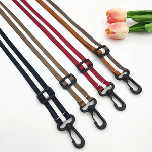 Adjustable striped canvas shoulder strap with black plastic buckle and swivel hooks