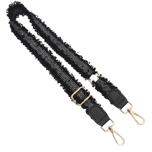 Bandoulière réglable à rayures noires et blanches avec franges et mousquetons dorés chic