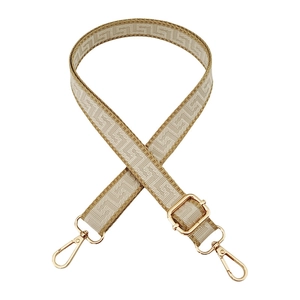 Detail of adjustable 2.5cm beige jacquard strap with gold metal swivel hooks