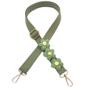 Olive green canvas wide bag strap with crochet flowers and adjustable gold hardware