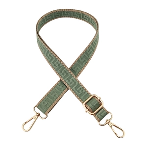 Detail of adjustable maze pattern bag strap with premium gold metal hooks