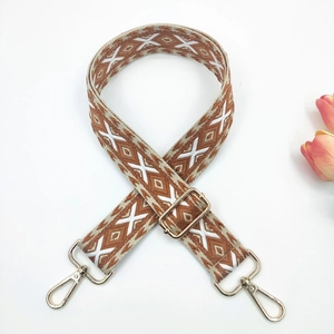 Detail of ethnic geometric diamond pattern embroidery on a 3.8cm wide bag strap