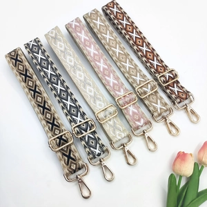 Ethnic style 3.8cm wide bag straps with geometric diamond embroidery and gold hardware