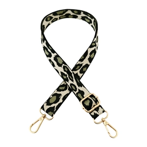 Detailed view of leopard print jacquard bag strap with polished gold metal hardware