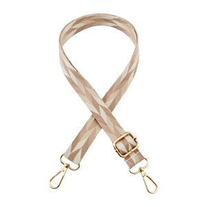 Detail of adjustable 2.5cm geometric woven bag strap with golden lobster clasps