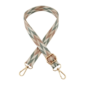Detail of 2.5cm colorful woven shoulder strap with gold metal hooks and geometric pattern