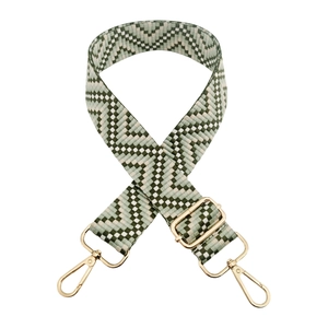 Detail of adjustable green and white herringbone woven strap with gold metal lobster clasps