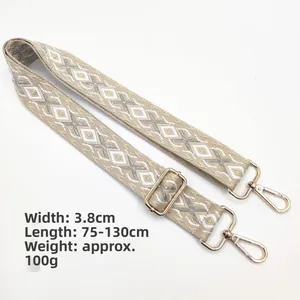 Close-up of 3.8cm ethnic embroidery bag strap with adjustable gold metal hardware