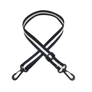 Adjustable black and white striped bag strap with durable matte plastic hooks