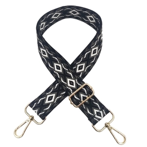 Retro geometric diamond embroidery bag strap with gold metal buckles on white background
