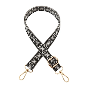 Adjustable geometric diamond pattern bag strap with golden lobster hooks and woven fabric