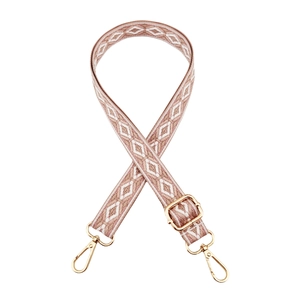 Adjustable bohemian diamond pattern bag strap with gold metal hooks in dusty rose