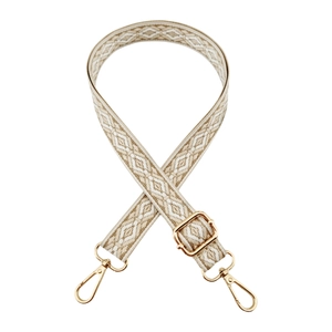 Adjustable beige geometric jacquard strap with gold metal hooks for crossbody bags