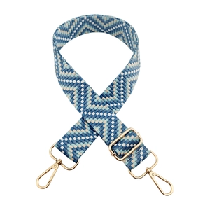 Detail of adjustable 3.8cm striped woven strap with gold metal swiveling snap hooks
