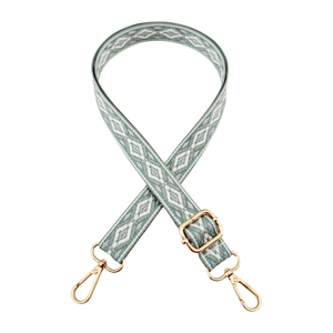 Detail of geometric jacquard shoulder strap with golden metal lobster clasps
