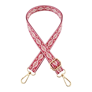 Ethnic 2.5cm woven replacement shoulder strap with red diamond patterns and gold metal clips