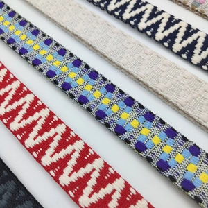 Detail showing various ethnic style woven bag straps with colorful geometric patterns