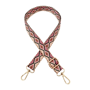 Pink and olive green vintage jacquard woven strap with golden metal swivel hooks