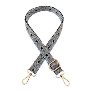 Adjustable geometric diamond woven strap with gold metal swivel hooks and mint green accents