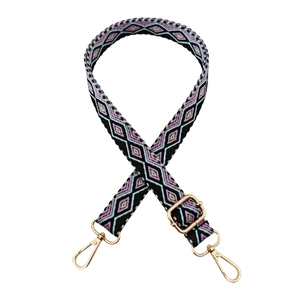 Bohemian style jacquard weave bag strap with purple diamond pattern and gold metal hooks