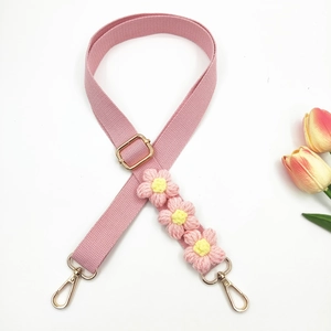Pink bohemian woven bag strap with handmade crochet daisy flowers and gold hardware