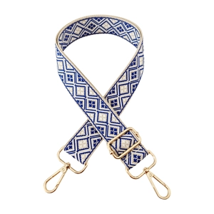 Adjustable blue and white geometric jacquard bag strap with gold metal buckles