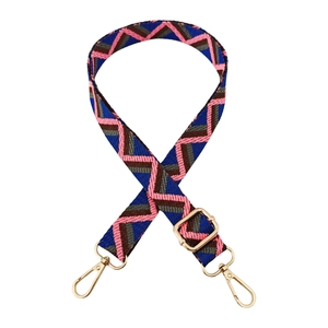 Close-up of adjustable colorful jacquard bag strap with golden zinc alloy lobster clasps